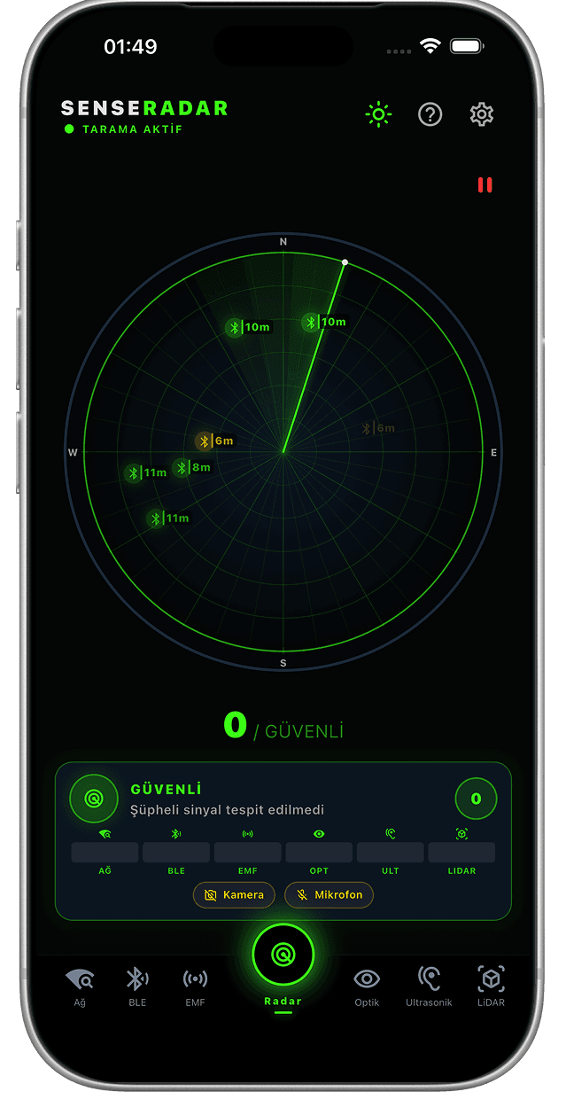 SenseRadar radar screen scanning for suspicious signals