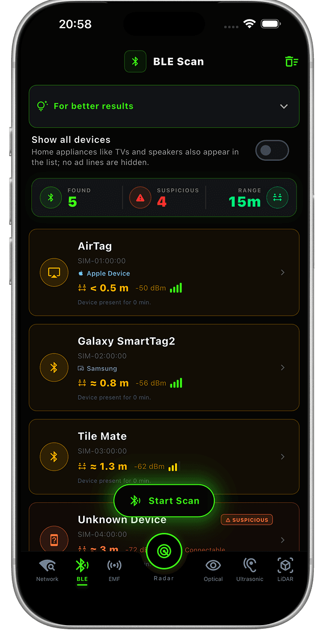BLE tracker detail screen showing signal strength and distance